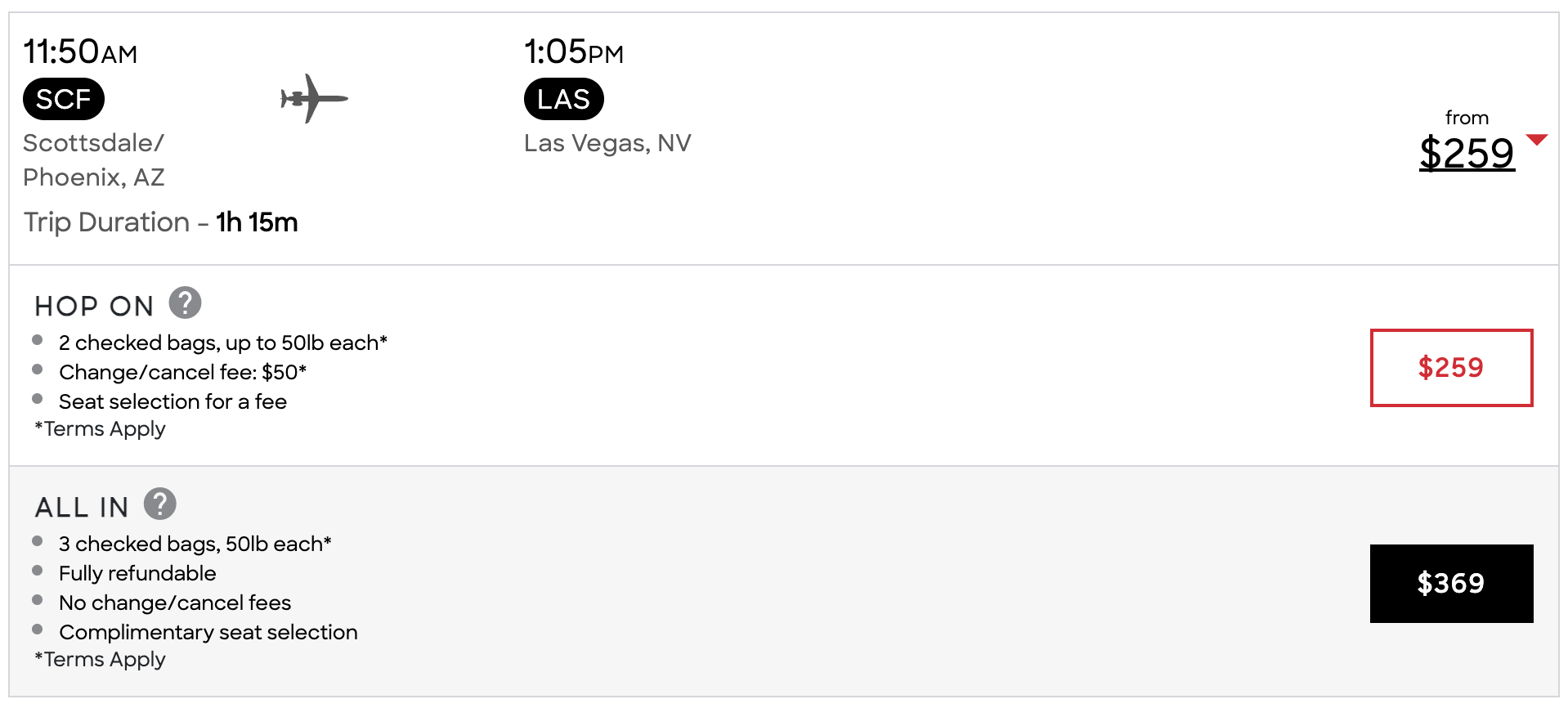 SCF LAS flight pricing on JSX on April 19 2025 